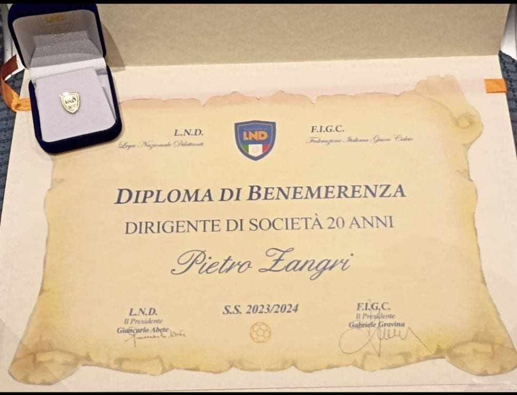 Diploma di benemerenza, da parte della lega calcio dilettanti, per l'alcamese Zangrì