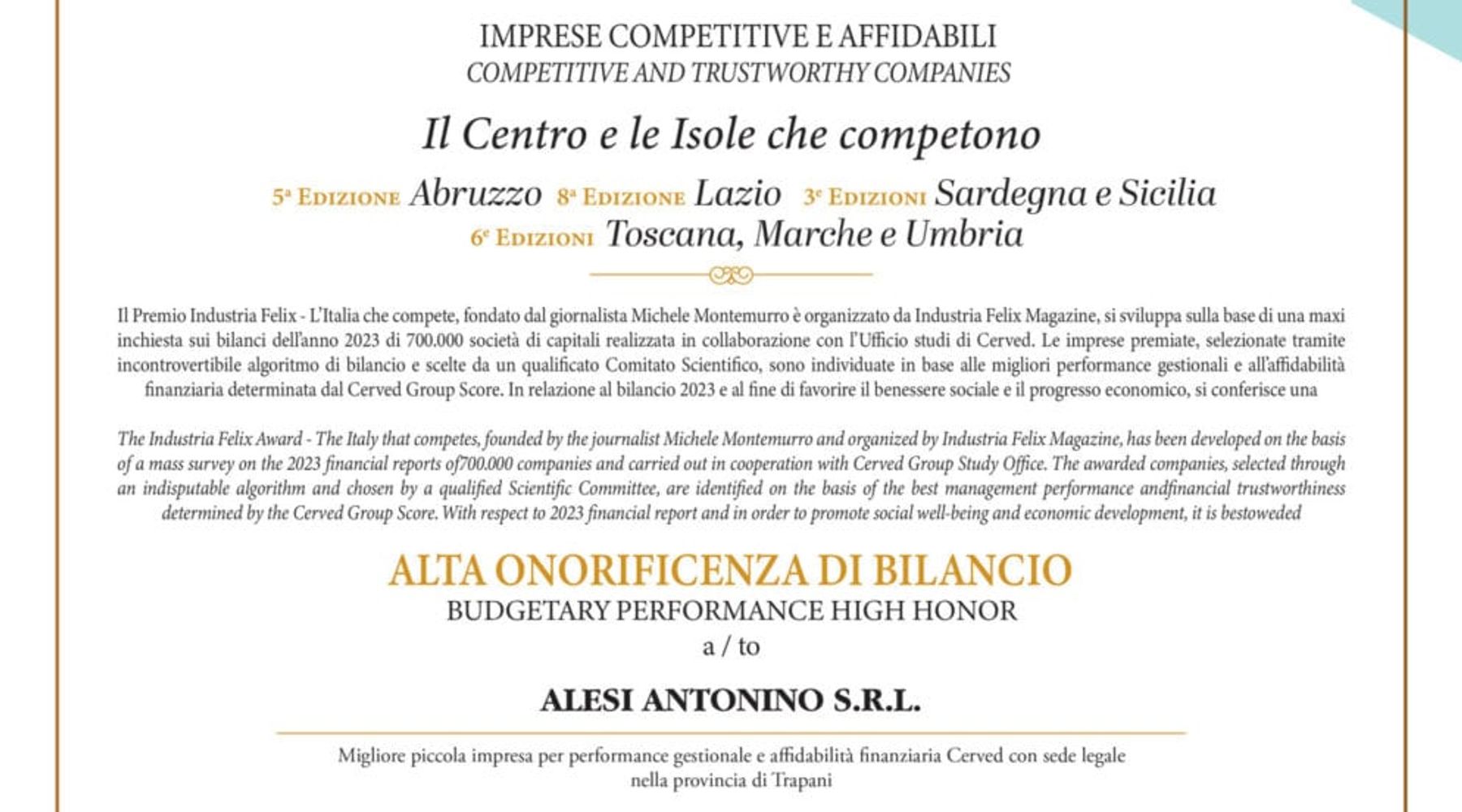 64° Premio Industria Felix, riconoscimento per due aziende alcamesi