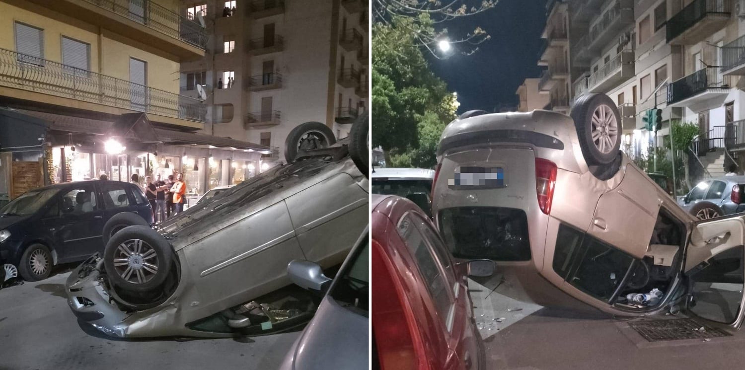 Alcamo, auto capotta e danneggia mezzi parcheggiati. Scappa il conducente partinicese (VIDEO)