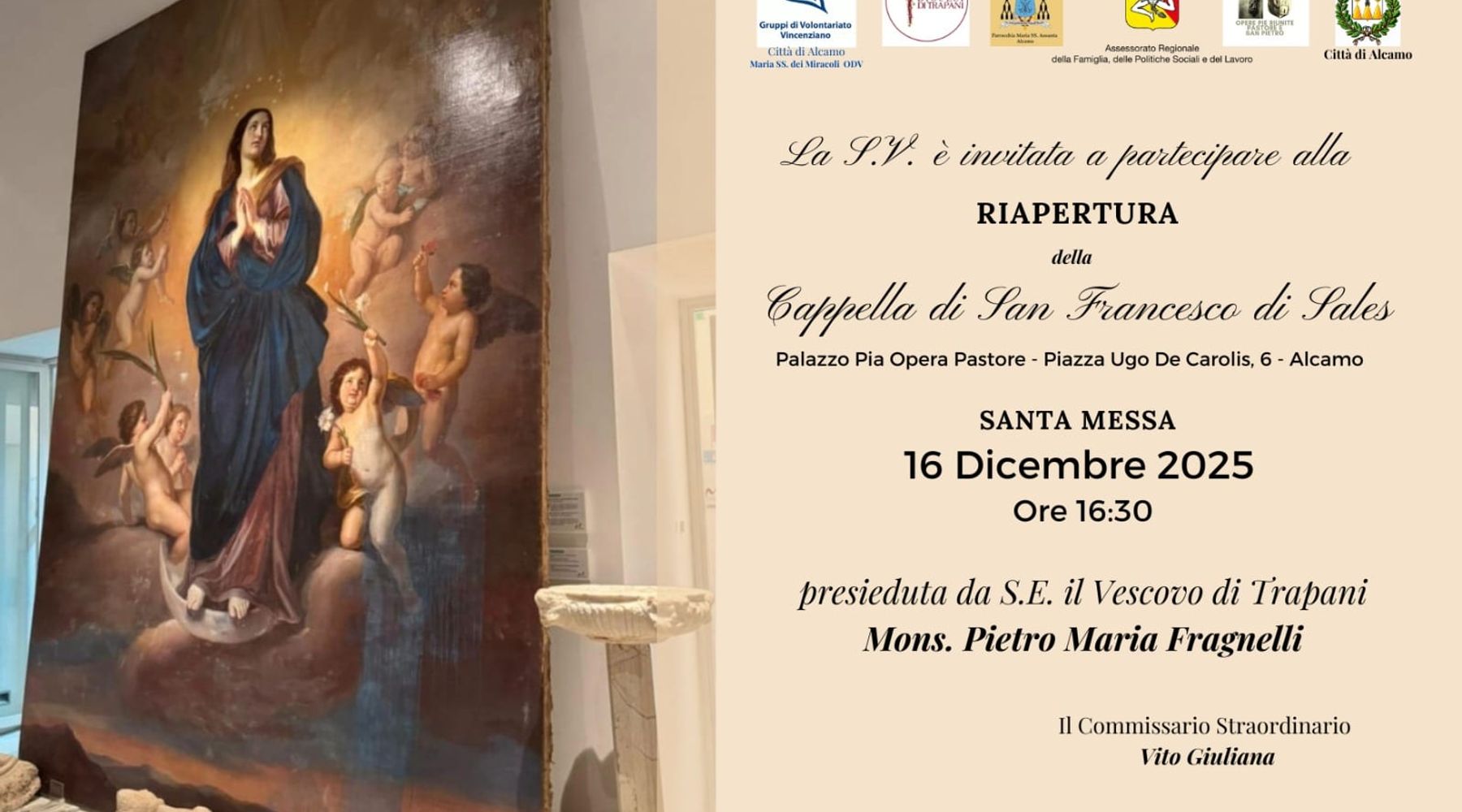 Riapre la Cappella di San Francesco di Sales ad Alcamo, oggi messa con il vescovo