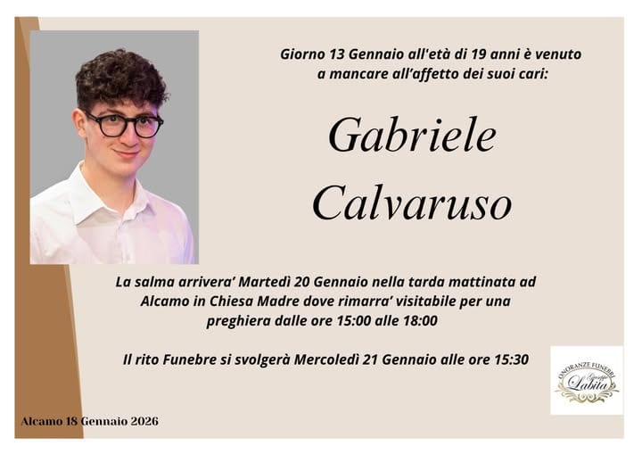 Alcamo, mercoledì alle 15.30 in Chiesa Madre i funerali di Gabriele Calvaruso