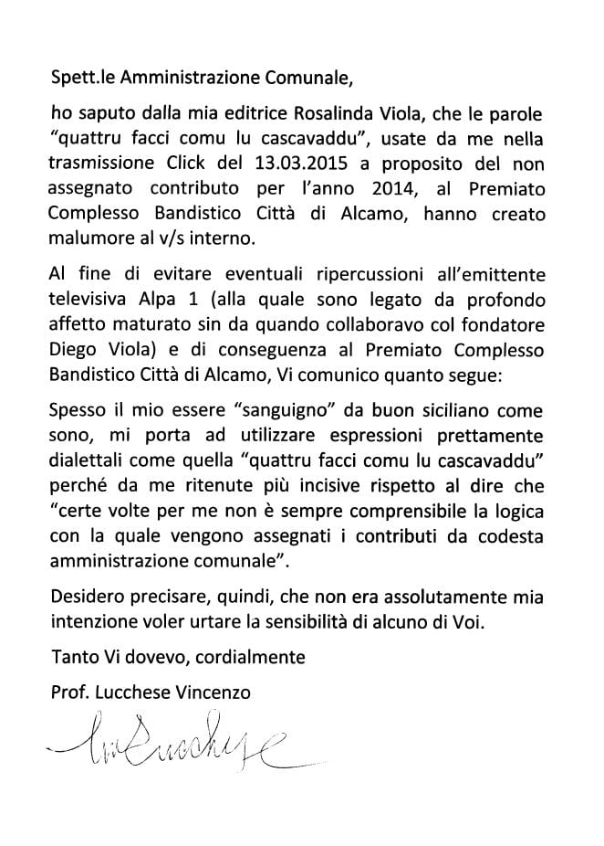 Alcamo: Chiarimento del Prof. Lucchese all'Amministrazione Comunale