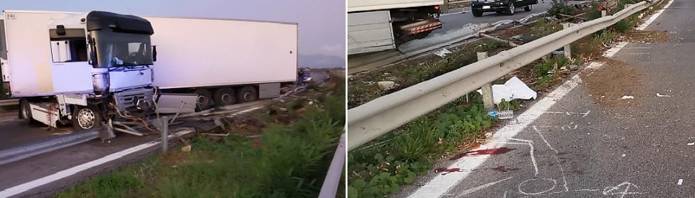 Tir sbanda sulla A/29 e si intraversa, divelti 110 metri di guard-rail. Autista vola nella carreggiata opposta