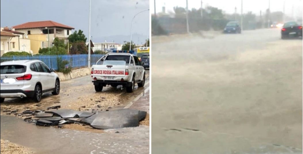 Pioggia torrenziale, ad Alcamo Marina salta un tratto di asfalto