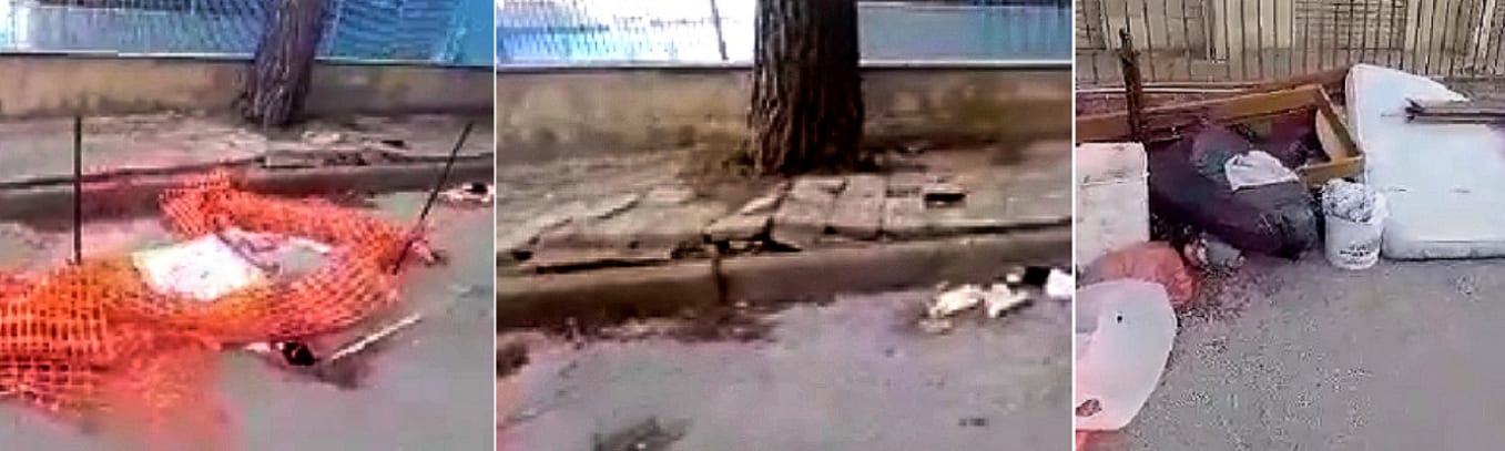 Manto dissestato da decenni nei pressi del 'PalaTreSanti', radici danneggiano condotta. Rifiuti in strada
