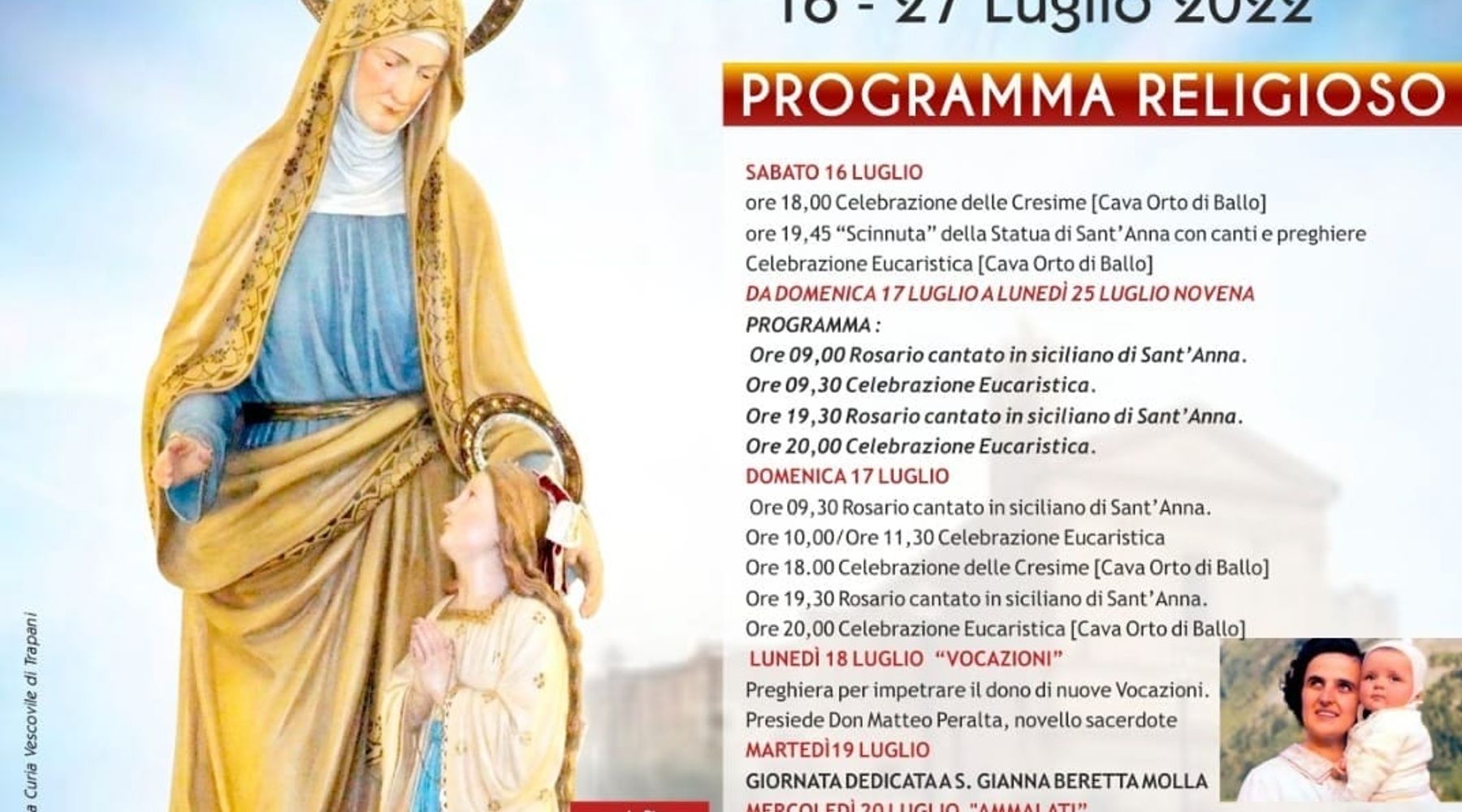 Festa di Sant'Anna, cerimonie religiose ed eventi alla parrocchia Cappuccini. Via da sabato
