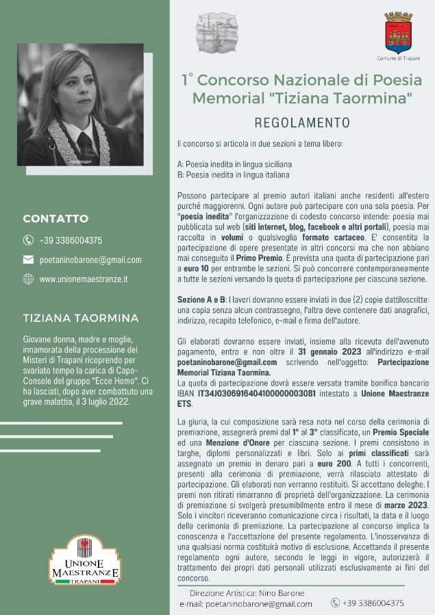 Concorso letterario in memoria della trapanese Tiziana Taormina. Invio elaborati entro fine gennaio 2023
