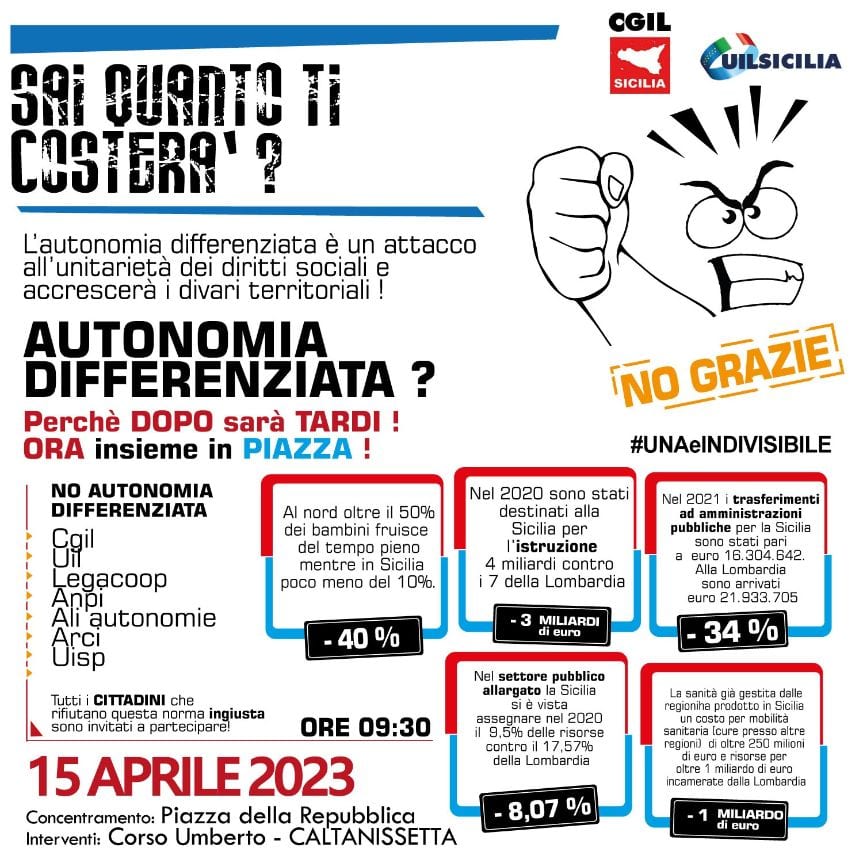 "Autonomia differenziata? No, Grazie", manifestazione a Caltanissetta. Presente anche Cgil Trapani