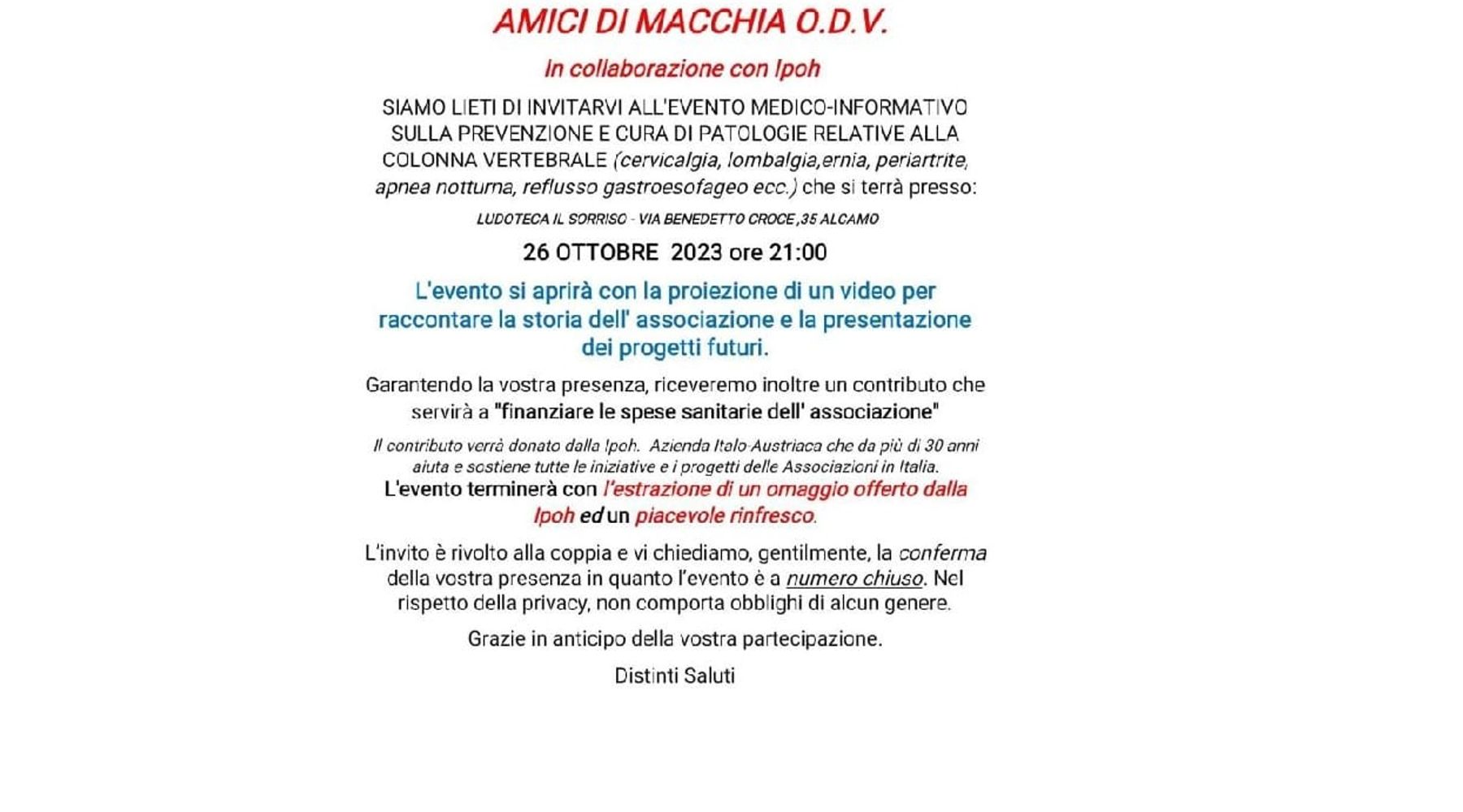 "Amici di macchia", associazione organizza evento per prevenzione e cura di patologie spinali