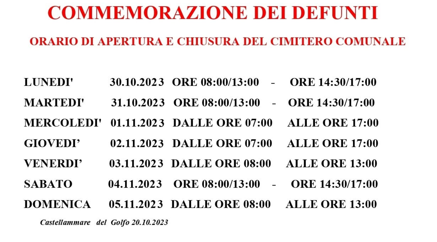 Commemorazione dei defunti, nuovi orari di apertura cimitero di Castellammare del Golfo